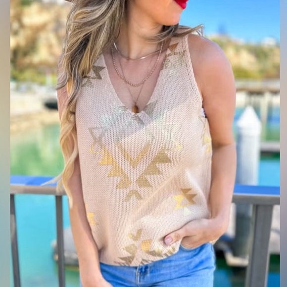Taupe Gold Aztec Printed V neck Sleeveless Knitted Sweater Top - Picture 1 of 7